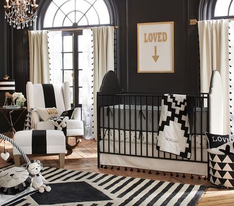 Pottery Barn Kids Nursery, Luxury Baby Crib, Black Crib, Black White Nursery, White Nursery Decor, Nursery Accents, Black Nursery, Boy Nursery Themes, White Crib