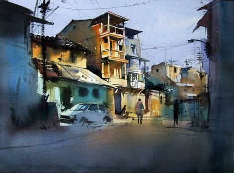 Milind Mulick Watercolor Indian, Watercolor City, Watercolor Collection, Canvas Art Projects, Watercolor Tutorial, Textured Canvas Art, Tableau Art, Watercolor Landscape Paintings, Watercolor Artists