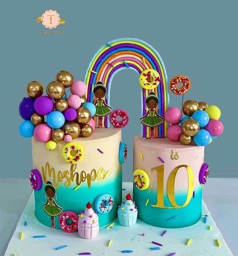 Cake Decor Ideas, Donut Cakes, Rainbow Cake Decoration, Rainbow Baking, Rainbow Cake Recipe, Teal Makeup, Girly Birthday Cakes, Kids Birthday Cakes, Rainbow Layer Cakes