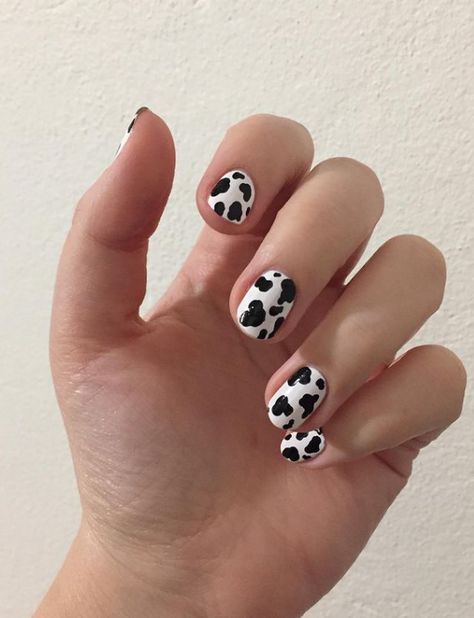 Classy Cow Print Cute Short Nails Short Cute Nail Designs, Cowboy Nails, Cow Prints, Short Nail Manicure, Black White Nails, Cute Short Nails, Cow Nails, Hello Nails, Nail Care Tips