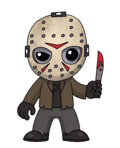 Animated Horror Characters, Jason Drawing Easy, Horror Movie Clipart, Chibi Jason Voorhees, Halloween Cartoon Characters Drawing, Chibi Horror Characters, Cartoon Halloween Drawings, Jason Voorhees Cartoon, Horror Cartoon Drawing