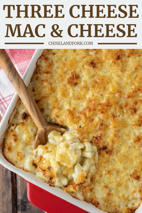 Three Cheese Mac And Cheese Recipe, Three Cheese Mac And Cheese, Cheese Mac And Cheese, Baked Mac And Cheese Recipe, Cheddar Mac And Cheese, Macaroni Cheese Recipes, Italian Comfort Food, Baked Mac N Cheese, Baked Macaroni