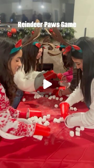 Rebeca Ciavarino • Fort Worth on Instagram: "Another Christmas Game for y’all! 🎄🥰 I think next time I would add an extra table for more room. For this game we used red solo cups and marshmallows. I got the reindeer headbands from Amazon. Linked in my bio 🦌🎅🏽 . . . . . . Christmas game. Family game night. Party game. #christmas #christmastime #christmasdecor #party #christmasparty #holidayparty #family #gamenight #familygoals #reindeer #thanksgiving" Red Cup Christmas Games, Red Solo Cup Games, Solo Cup Christmas Game, Reindeer Games Christmas Party, Employee Appreciation Gifts Diy, Marshmallow Games, Family Game Night Party, Solo Cups Party, Game Night Party