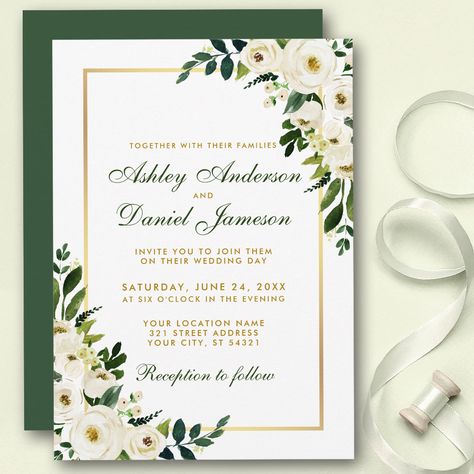 Cream Gold And Green Wedding, Green Floral Wedding Invitations, Wedding Invitations Green And Gold, Green White Gold Wedding, Green And White Wedding Invitations, Green Invitation Card, Green And Gold Wedding Invitations, Green White And Gold Wedding, Dragonfly Wedding