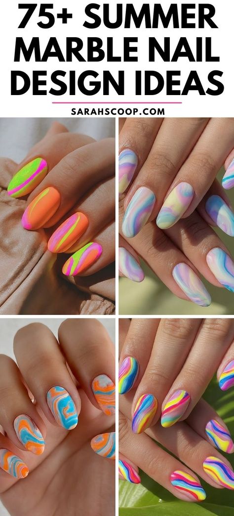 Bring a splash of color and creativity to your summer with these marble nails. #SummerNails #MarbleNails #NailArtDesigns Water Marble Nail Art Color Combos, Bright Marble Nails, Marble Nails Design, Marble Nails Tutorial, Stiletto Nails Short, Water Marble Nail Art, Water Marble Nails, Marble Nail Designs, Tropical Nails