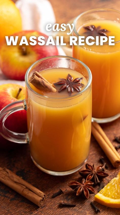 This old-fashioned holiday Wassail is easy to make with apple cider, orange juice, and cozy spices. This is a non-alcoholic recipe with options to spike it! Holiday Wassail Recipe, Homemade Wassail Recipe, Wassle Drink, Wassel Recipe, Wassle Recipe, Crock Pot Wassail Recipe, Wassail Recipe Alcoholic, Spiked Wassail Recipe, Wassail Recipe Traditional