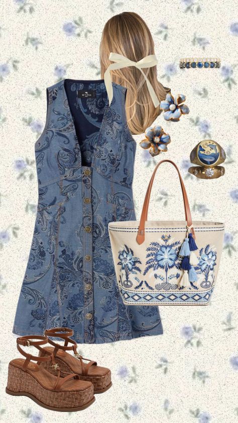 Denim dress summer outfit inspiration, 70s outfit inspo, wedge, platform sandals, brown, feminine, style, fashion inspiration Denim Dress Summer Outfit, 70s Outfit, Denim Dress Summer, Wedge Platform Sandals, 70s Outfits, Sandals Brown, Summer Outfit Inspiration, Feminine Outfit, Dress Summer