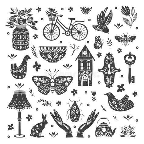 Set of Folk art cliparts in Scandinavian and Nordic style vector illustration Scandinavian Folk Art Swedish Style, Nordic Painting, Folk Art Flowers, Folk Design, Scandinavian Folk Art, Realism Art, Free Vector Art, Vector Pattern, Nordic Style