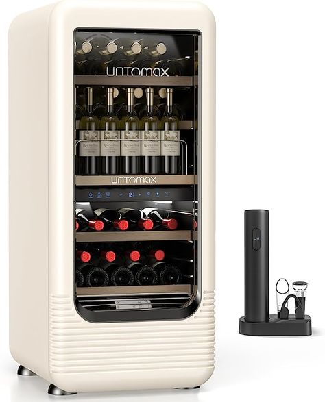 UNTOMAX 56 Bottles Wine Fridge Retro Dual Zone Wine Cooler Refrigerator, 41F-72F Freestanding Wine Cellar for Red/White/Champagne, Temperature Memory Quiet Compressor for Kitchen/Office, Off White Dual Zone Wine Fridge, Retro Fridge, Neutral Kitchen, Wine Display, Wine Refrigerator, Compact Refrigerator, Wine Parties, Wine Fridge, Outdoor Bar