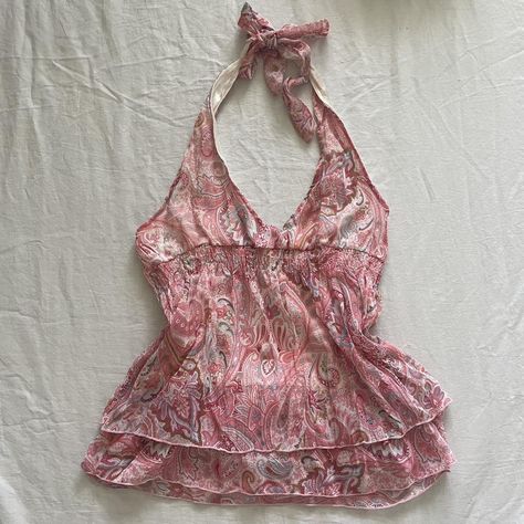 Halter Strap Top, Pink Y2k Top, 2000s Looks, Japan Outfits, Pink Halter Top, Pink Babydoll, Delicate Feminine, Depop Y2k, Normal Clothes