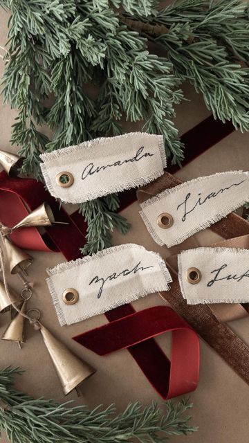 Diy Frayed Ribbon, Stocking Labels Diy, Stocking Tag Ideas, Embroidered Stocking Tags, Christmas Stocking Tags Diy, Name Tags For Stockings Diy, Stocking Name Tags Diy, Stocking Tags Diy, Diy Stocking Tags