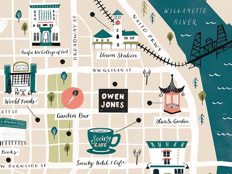 NW Portland Map by Jessica Lyons on Dribbble Portland Map, Map Illustration, Pacific Nw, Book Cafe, Union Station, Garden Bar, Illustrated Map, Map Design, Global Community