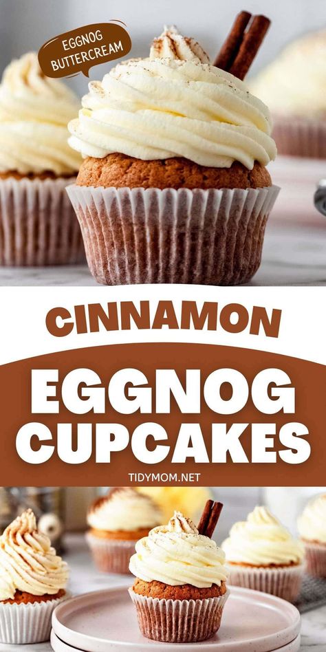 Eggnog Cupcakes! Rich spiced eggnog is more than just the quintessential holiday drink. It makes a phenomenal light and fluffy Christmas cupcake slathered in creamy eggnog buttercream frosting! Printable Recipe at TidyMom.net Eggnog Buttercream, Perfect Cupcake Recipe, Eggnog Cupcakes, Spiced Eggnog, Cinnamon Cupcakes, Creamy Eggnog, Cupcake Cream, Holiday Baking List, Fun Cupcake Recipes