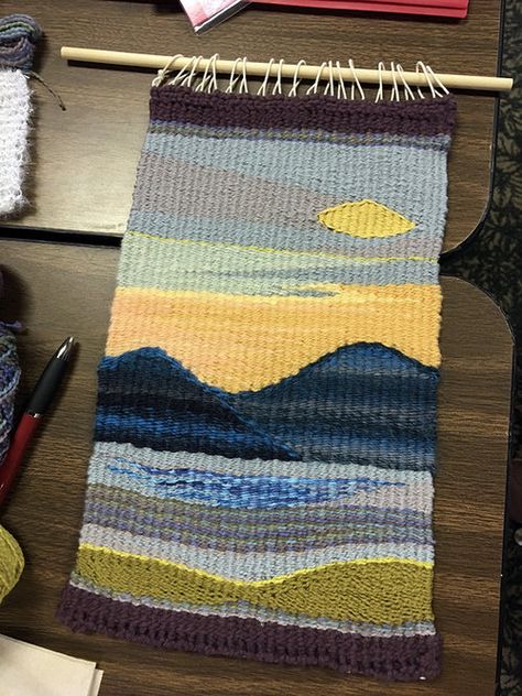 Learning the basics of tapestry weaving: Foundations Tapestry Retreat 2019 — Rebecca Mezoff Loom Weaving Inspiration, Landscape Weaving Ideas, Tapestry Loom Weaving Patterns, Landscape Tapestry Weaving, Easy Weaving Patterns, Tapestry Weaving Patterns Design, Tapestry Weaving Patterns, Weaving Landscapes, Tapestry Weaving Ideas