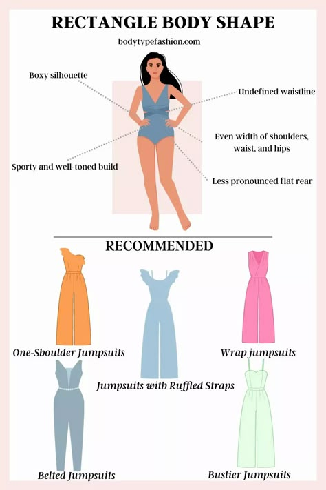 The Best Jumpsuit Guide for the Rectangle Body Shape - Fashion for Your Body Type Rectangle Body Shape Neckline, Rectangular Body Shape Outfits Style, Clothes For Rectangle Body Shape, Outfits For Rectangle Body Shape, How To Dress For Your Body Type, Unique Body Features, Rectangle Body Shape Fashion, Body Type Clothes, Rectangle Body Shape Outfits