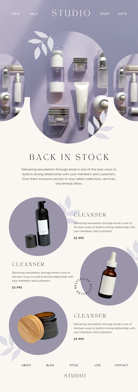 Beauty brands can use this elegant and aesthetic email newsletter template to promote their products and Best Seller Email Design, Social Media Email Design, Ecommerce Newsletter Design, Graphic Email Design, New Product Launch Email Design, Email Email Design Email Email Design Inspiration Creative, Sms Sign Up Email Design, Cosmetic Template Design, Mailer Design Templates Email Marketing