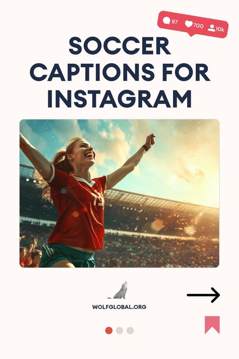 Graphic of "Soccer Captions for Instagram" with a picture of a joyful girl at a stadium.
Illustration of a checklist with playful soccer-related statements and emojis.
Woman sitting cross-legged, using laptop, with social media icons, and an advertisement for WOLFGLOBAL.ORG. Soccer Captions For Instagram, Soccer Captions, Creative Phrases, Soccer Instagram, Soccer Post, Insta Goals, Professional Soccer, Soccer Life, Soccer Game