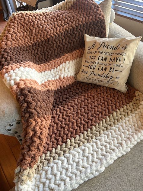 Herringbone pattern chunky knit blanket.  Many colors to choose from Yarn Knit Blanket, Fall Chunky Blanket, 3 Color Knit Blanket Pattern, Chunky Yarn Dog Bed, Blanket Designs Ideas, Black Chunky Knit Blanket, Chunky Knot Blanket, Halloween Chunky Knit Blanket, Western Chunky Knit Blanket