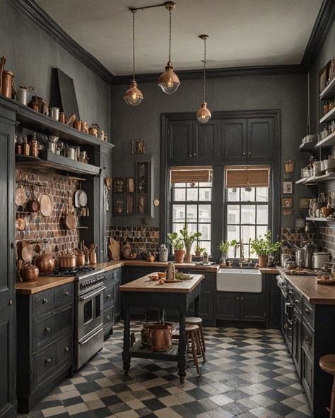 Cottage Dark Academia, Dark Academia Open Concept, Hogwarts Kitchen Aesthetic, Cottage Core Meets Dark Academia, Dark Cottagecore Kitchen Aesthetic, Edwardian House Kitchen, Light Academia Kitchen Aesthetic, Southern Gothic Interior, Dark Vintage Kitchen