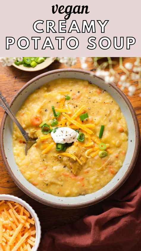 Creamy, hearty, and made with a handful of pantry staples, this vegan potato soup is sure to warm you up! This recipe is made in one pot in just over 30 minutes. Crockpot Vegetarian Potato Soup, Crockpot Vegan Potato Soup, Vegan Potato Soup Crock Pot, Vegan Potato Soup Recipes, Vegetarian Potato Soup, Baked Potato Soup Crock Pot, Potato Soup Vegan, Mashed Potato Soup, Vegan Baked Potato