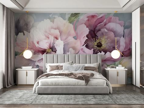 Pastel and Light Colors Watercolor Soft Floral Wall Mural Peel and Stick Peonies Blossom Wallpaper - Etsy Floral Feature Wall Bedroom Ideas, Wallpaper Backgrounds For Bedroom, Floral Wallpaper Bedroom Ideas, Floral Wall Bedroom, Gray Rooms, Purple Wallpaper Bedroom, Floral Wall Mural, Blossom Wallpaper, White Floral Arrangements