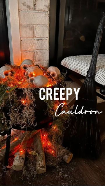 Cauldron Outdoor Decor, Decorating With Cauldrons, Caldron Halloween Diy, Skeleton In Cauldron, Halloween Witches Cauldron, Diy Light Up Cauldron, Moss Halloween Decor, Outdoor Cauldron Ideas, Halloween Calderon Ideas