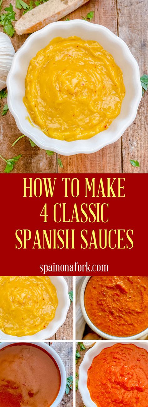 Spain is famously known for not saturating their dishes with sauces. We prefer to focus on the main ingredient. However, that doesn´t mean we don´t have delicious sauces in Spain. In this recipe, I will show you How to Make 4 CLASSIC SPANISH Sauces. Spanish Sauces, Easy Sauce Recipes, Spanish Sauce, Delicious Sauces, Salsa Brava, Romesco Sauce, Garlic Aioli, What's For Breakfast, Recipe Board