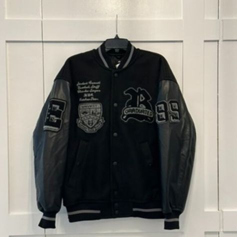 New Unisex H&M Black High School Varsity Bomber Jacket Size Medium Leather Sleeves, H&m Jackets, Leather Sleeve, Black Faux Leather, Varsity Jacket, High School, Bomber Jacket, H&m, Faux Leather