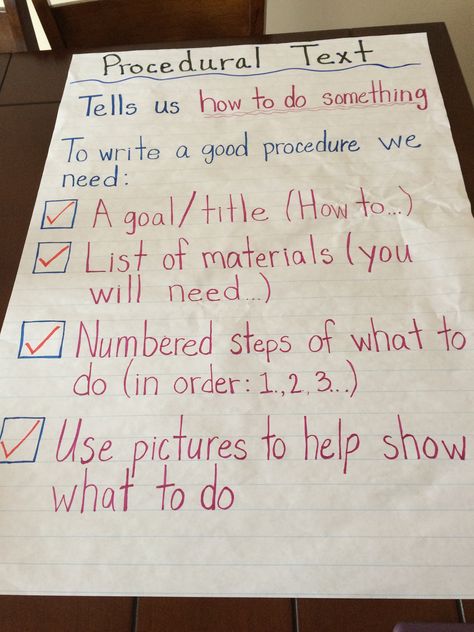 Procedural text anchor chart for my grade ones! Procedure Writing Anchor Chart, Procedural Text Anchor Chart, Procedural Writing Anchor Chart, Procedure Text, Writing Anchor Chart, Procedure Writing, Anchor Charts First Grade, Procedural Text, Fourth Grade Writing