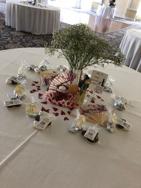 Mulan Inspired Wedding Dress, Mulan Wedding Centerpieces, Mulan Centerpiece Ideas, Mulan Quinceanera Theme, Mulan Wedding, Cherry Blossom Centerpiece, Disney Centerpieces, Disney Wedding Centerpieces, Disney Sweet 16