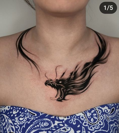 Dragon Clavicle Tattoo, Snake Neck Tattoo For Guys, Neck Dragon Tattoo, Chest Dragon Tattoo, Dragon Tattoo On Neck, Realistic Dragon Tattoo, Men Neck Tattoo Ideas, Mini Dragon Tattoo, Collarbone Tattoo Men