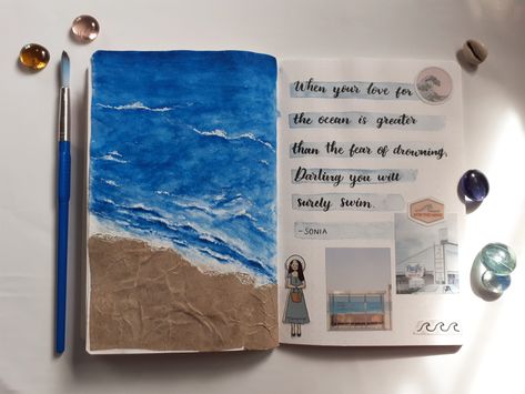 Ocean Themed Journal, Beach Theme Journal, Ocean Book Cover, Lettering Painting, Beach Journal, Ocean Books, Aquatic Art, Painting Sketchbook, Sketchbook Layout