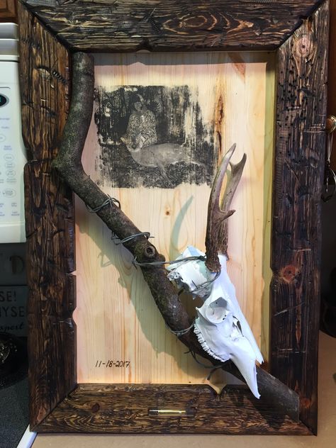 Project I did for Cassie's first deer. Great idea to display a first buck First Deer Mount Ideas, European Deer Mount Ideas, Deer Horn Ideas, Skull Mount Ideas, European Mount Ideas, Hunting Mounts, Deer Mount Decor, Antler Centerpiece, Deer Mount Ideas