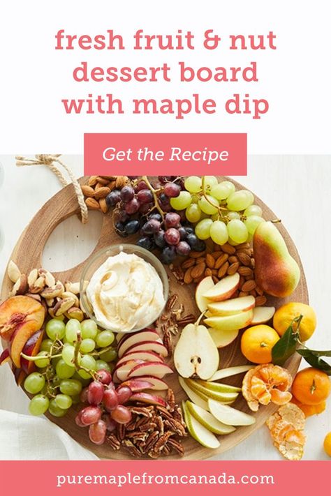 Impress your guests with a fresh fruit and nut dessert board with maple dip! Simply pick your favorite fruits and nuts, then whip up the delicious dip. Nut Charcuterie Board, Maple Dip, Nut Board, Nut Dessert, Maple Recipes, Nut Cheese, Dessert Board, Shower Desserts, Charcuterie And Cheese Board