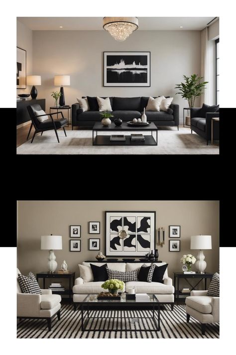 Modern living rooms with neutral color palettes, featuring sofas, coffee tables, and wall art. Black White Beige Living Room, White Beige Living Room, White And Beige Living Room, Black And Cream Living Room, Black White Living Room, Beige Sofa Living Room, Neutral Family Room, Beige Living Room Decor, Ensuite Bathroom Designs