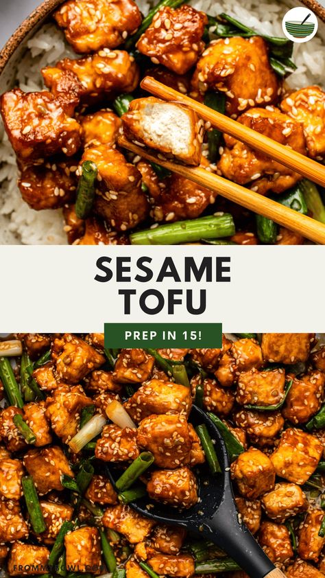 This 35 minute Sesame Tofu is made simple with crispy, oven-baked tofu and a homemade sweet and savory sesame sauce. Vegan, Gluten-Free. Tofu Marinade, Sesame Tofu, Tofu Recipes Vegan, Mapo Tofu, Tofu Dishes, Sesame Sauce, Crispy Tofu, Baked Tofu, Deep Frying