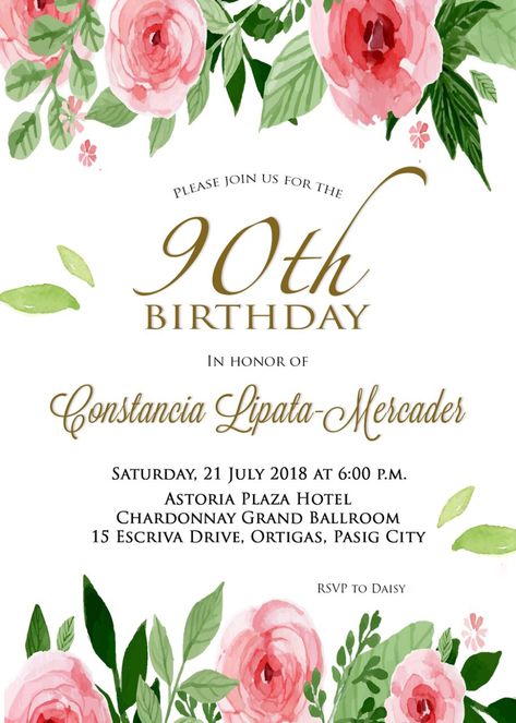 90th Birthday Invite for Grandma 90th Birthday Party Invitations Free Printable, 75th Birthday Invitations, Elegant Invitation Design, Christmas Skits, 90 Birthday, Birthday Party Invitations Free, 90th Birthday Party, Birth Signs, Panda Birthday Party