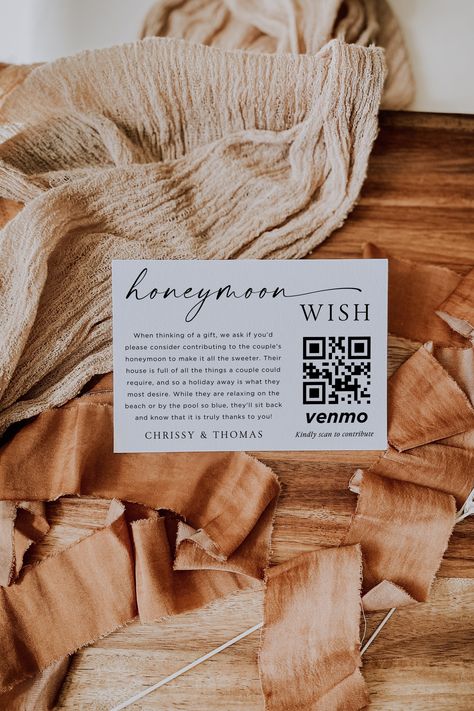 Make your wedding memorable with our Honeymoon Fund Card with QR code, the perfect choice for a minimalist and modern wedding. This editable template allows guests to easily contribute to your honeymoon fund by scanning the QR code, making it a convenient alternative to traditional wedding gifts. The Honeymoon Wish Card will beautifully complement your wedding decor, while the QR code sign adds a touch of tech-savvy charm. Say goodbye to unwanted gifts and hello to a cash wedding gift that will Honeymoon Donations Ideas, Burger Wedding, Honeymoon Fund Sign, Traditional Wedding Gifts, Honeymoon Wish, Honeymoon Fund, Wish Card, Wedding 2025, Wedding Greeting Cards