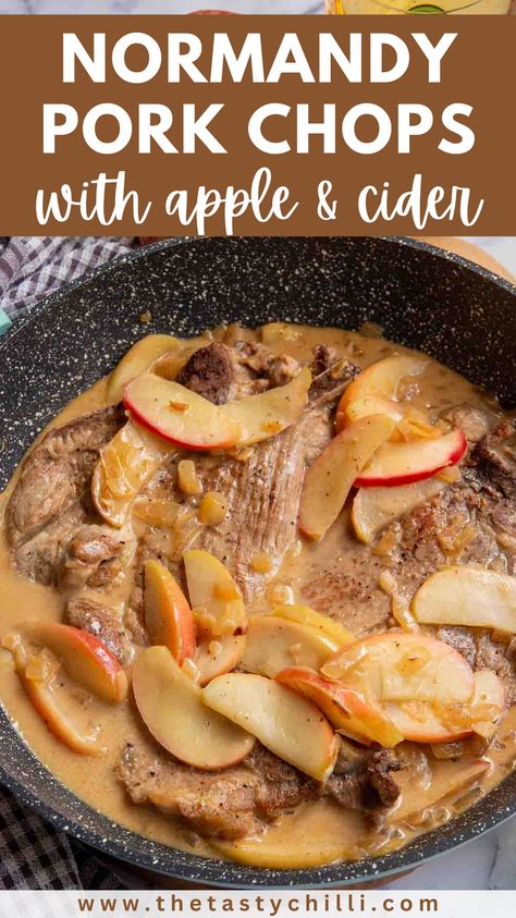 This pork chops with apples recipe is inspired by the beautiful and delicious flavors of Normandy, a region in northern France famous for its cider, apples and rich cuisine. It’s a sweet and savory dish where the pork chops are first pan seared and then simmered in a heavenly sauce made from apples, cider and cream. Normandy pork chops with apples and cider is a satisfying, flavorful dish perfect for a comforting and cozy fall or winter meal. Pork Chop Recipes Apple Cider, Pork Normandy Recipe, Pork Apple Crockpot, Pork Chops Apple Cider, Pork Chops With Apples And Onions, Fall Pork Recipes, Winter Pork Chop Recipes, Pork Chop And Apple Recipes, Pork Chops And Apples Recipes