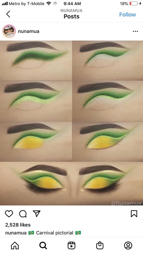 Green And Gold Eye Makeup Tutorial, Green Orange Eye Makeup, Green And Yellow Eyeshadow Looks, Yellow And Green Eyeshadow, Yellow And Green Makeup, Green And Yellow Makeup, Loki Makeup, St Patricks Day Makeup, Pineapple Makeup