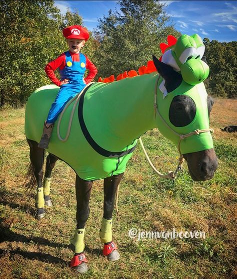 MARIO and Yoshi Halloween costume Mario Horse Costume, Horse Rider Costume Ideas, White Horse Halloween Costumes, Halloween Horse Costume Ideas, Costume For Horses And Rider, Halloween Costumes With Horses, Horse And Rider Halloween Costumes, Halloween Costumes For Horses And Rider, Horse Costumes For Horses