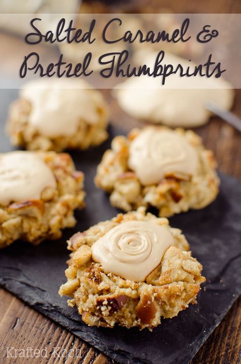 Salted Caramel Pretzel Thumbprint Cookies are a fantastic cookie recipe that will impress your guests with a dense, but moist cookie rolled in crunchy pretzels and topped with rich salted caramel frosting! Thumbprint Cookies Christmas, Dessert Nachos, Salted Caramel Pretzels, Salted Caramel Frosting, Thumbprint Cookies Recipe, Caramel Pretzels, Cookie Table, Caramel Frosting, Gourmet Cookies