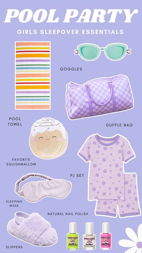 Pool In A Pool Sleepover, Pool Party Essentials, What To Bring To The Pool, What To Bring To A Pool Party, Beach Theme Slumber Party, Teen Girl Pool Party Ideas, Playful Spring Sleepover Sets, Kiddie Pool Sleepover, Pool Bag Essentials