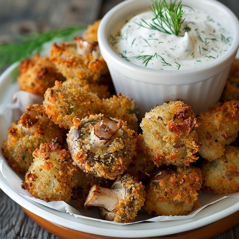 🍄 Crispy Fried Mushrooms with Cool Ranch Dip – crunchy, savory, and irresistibly delicious! 🍄🥣 #FriedMushrooms #AppetizerGoals Crispy Fried Mushrooms with Cool Ranch Dip Ingredients: Button mushrooms (1 lb, cleaned) Flour (1 cup) Eggs (2, beaten) Bread crumbs (1 cup) Salt and pepper (to taste) Ranch dressing (1 cup) Sour cream (1/2 cup) Dill (1 tsp) Instructions: Heat oil in a deep fryer or large pot. Dredge mushrooms in flour, dip in eggs, then coat with bread crumbs. Fry until golden br... Instagram Recipes, Fried Mushrooms, Button Mushrooms, Ranch Dip, Deep Fryer, Trending Recipes, Ranch Dressing, Deep Fried, Bread Crumbs