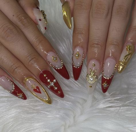 Gold And Red Nails Acrylic, Red And Gold Nails, Angel Nails, Gold Nail Designs, Vintage Nails, Gold Nail, Pearl Nails, Unique Acrylic Nails, Prom Nails