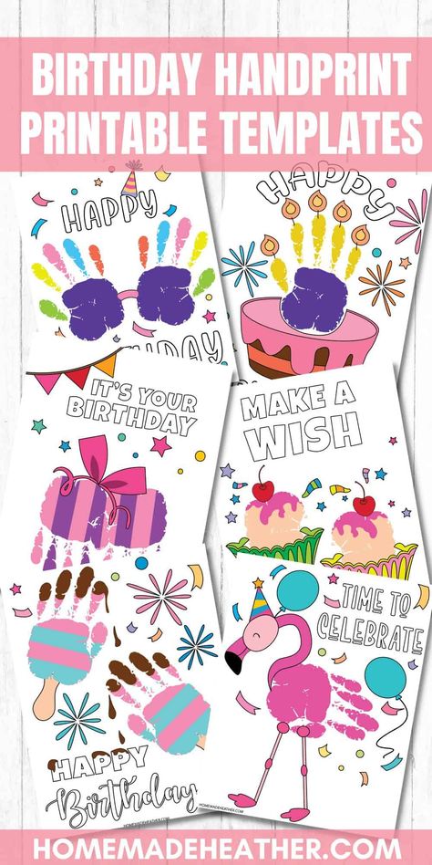 Birthday Handprint Art Printable Templates Birthday Card With Handprints, Handprint Art For Grandma Birthday, Handprint Template Free Printable, Handprint Birthday Card For Dad, Free Handprint Printable, Hand Print Birthday Cards, Birthday Crafts For Grandma, Handprint Birthday Card, Birthday Handprint Art