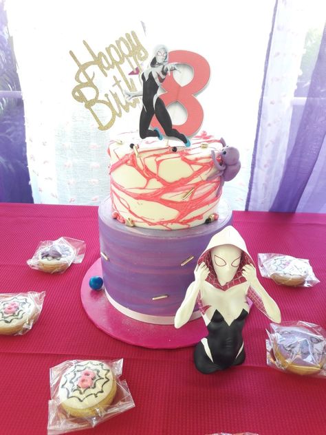 Gwen Stacy Birthday Party Ideas, Spidergwen Cake, Gwen Stacy Birthday Party, Gwen Stacy Cake, Spidergirl Cake, Spider Gwen Birthday Party, Ghost Spider Cake, Ghost Spider Birthday Party, Spiderman Gwen