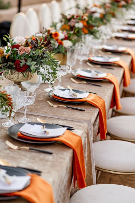 Burnt Orange And Gold Wedding Decor, Orange Table Setting Decor, Orange And White Table Setting, Terracotta Cream And Gold Wedding, Rust Orange Table Decor, Orange And Gold Table Setting, Orange And Green Table Decor, Orange Wedding Table Decor, Orange Napkins Wedding