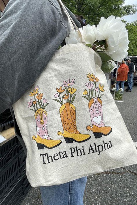 Sorority Tote Bags, Sorority Art, Theta Phi Alpha, Sorority Merch, Delta Phi Epsilon, Sorority Designs, Pi Beta Phi, Collegiate Style, University Tees