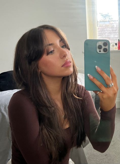 Curtain Bangs, Hair Inspo, Hairstyles, Layers, 90’s Style Hair, mirror selfie, glowy skin, iPhone 13 pro max, skincare, soft glam makeup, blusher, makeup, lip fillers, nails, French tip nails, white nails, natural nails, silver jewellery Curtain Bangs Medium Hair Unstyled, Tapered Curtain Bangs, Brown Curtain Bangs, Hair Inspo Hairstyles, Hair Big Forehead, Hairstyles Layers, Inspo Hairstyles, Haircut Inspo, Brown Hair Inspo